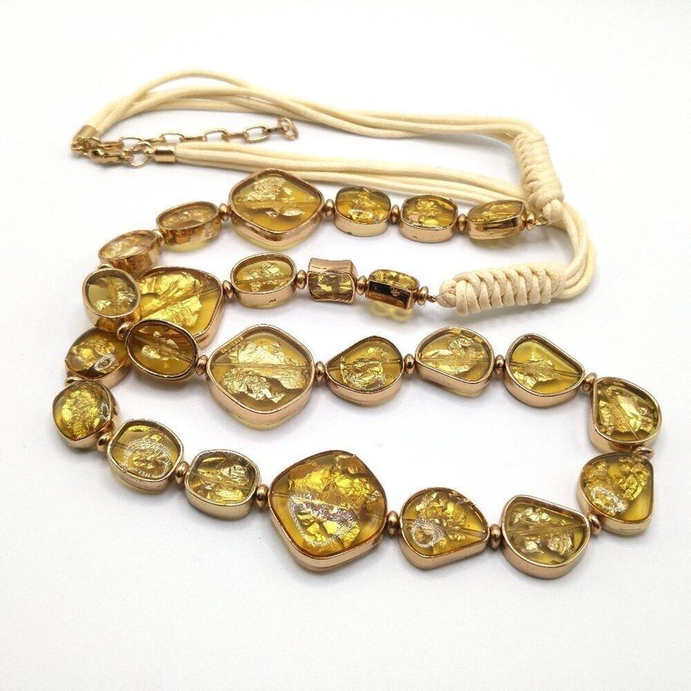 Vintage Gold Foil Beaded Long Necklace, Cream Cord, 38 Inches, 3.1 Ounces
